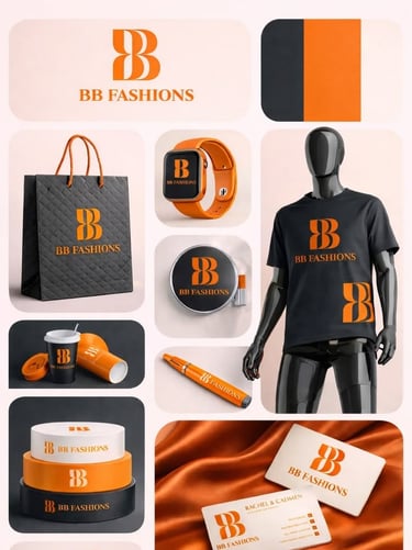 BB Fashions brand identity mockup featuring an orange logo on a t-shirt, shopping bag, and smart watch.