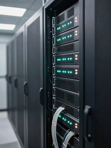 Server room corridor with racks of active hardware, status indicator lights in teal and white, clean overhead fluorescent lighting, shallow depth of field focused on the nearest rack face, cables neatly bundled