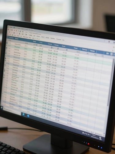 Close-up overhead view of a banking system dashboard on a large monitor, showing account ledger rows and transaction status columns, neutral daylight from an office window, keyboard partially visible at the bottom edge