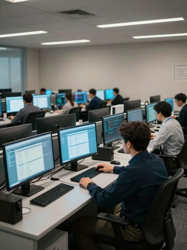Wide shot of a banking operations floor, rows of workstations with active system dashboards glowing on monitors, neutral overhead office lighting, operators visible from behind at their stations, teal-tinted screen light reflecting off desk surfaces
