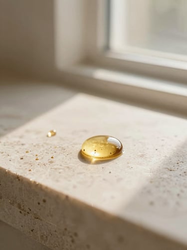 Macro close-up of golden oil droplets glistening on a light travertine stone surface, warm morning window light, shallow depth of field, 35mm.