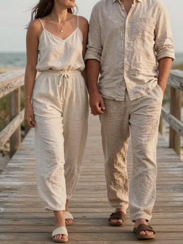 A lifestyle photography shot of a couple standing on a wooden boardwalk near the beach in West Michigan. They are dressed in light-colored linen clothing in Muted Rose and Sand tones. The composition is airy, elegant, and filled with natural warmth.
