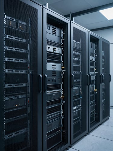 Wide environmental shot of a data center server rack row, directional overhead lighting casting sharp shadows across rack-mounted equipment, no people, clinical and functional framing, deep blue-grey tones