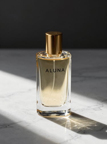 Sleek glass perfume bottle labeled ALUNA casting sharp shadows on white marble, gold accent cap, dramatic studio lighting