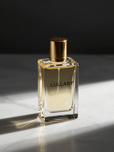Sleek glass perfume bottle labeled LULLABY casting sharp shadows on white marble, gold accent cap, dramatic studio lighting