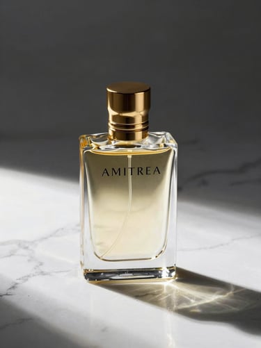 Sleek glass perfume bottle labeled AMITREA casting sharp shadows on white marble, gold accent cap, dramatic studio lighting