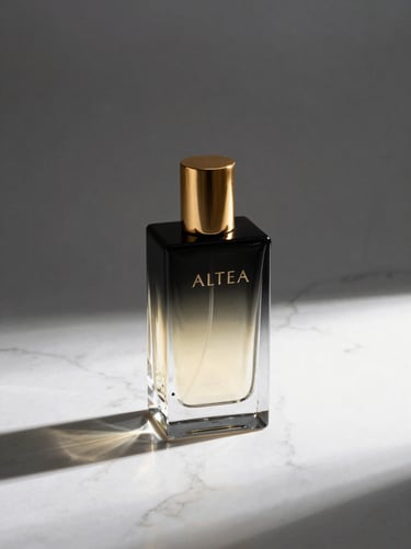Sleek glass perfume bottle labeled ALTEA casting sharp shadows on white marble, gold accent cap, dramatic studio lighting
