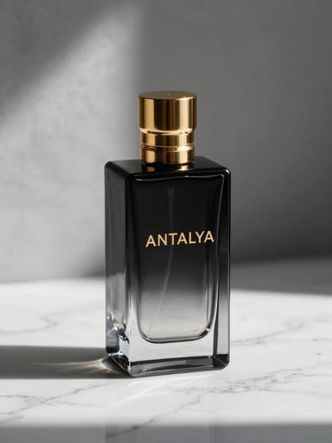 Sleek glass perfume bottle labeled ANTALYA casting sharp shadows on white marble, gold accent cap, dramatic studio lighting