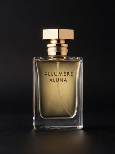 Sleek glass perfume bottle of ALLUMERE ALUNA, gold cap, dramatic studio lighting, dark background, sharp reflections