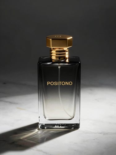 Sleek glass perfume bottle labeled POSITANO casting sharp shadows on white marble, gold accent cap, dramatic studio lighting