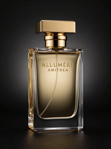 Sleek glass perfume bottle of ALLUMERE AMITREA, gold cap, dramatic studio lighting, dark background, sharp reflections