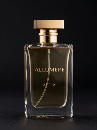Sleek glass perfume bottle of ALLUMERE ALTEA, gold cap, dramatic studio lighting, dark background, sharp reflections