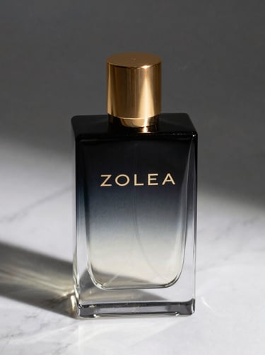 Sleek glass perfume bottle labeled ZOLEA casting sharp shadows on white marble, gold accent cap, dramatic studio lighting