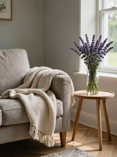 A peaceful, sunlit living room corner in a Somerset home. A comfortable armchair with a soft woven throw blanket sits beside a small wooden table holding a vase of fresh lavender. Natural daylight creates a calm, reassuring atmosphere.