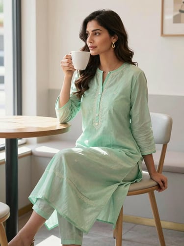 A woman styling a pastel green salwar kameez, sitting in a bright minimalist Stockholm cafe, holding a coffee cup, soft natural daylight, 35mm lens