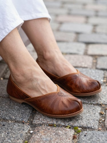 Close-up of traditional South Asian Nagra shoes on Stockholm cobblestones, soft morning light, focus on leather craftsmanship, 35mm lens
