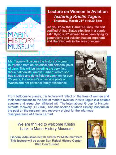 Marin History poster - Lecture on Women in Aviation. 
