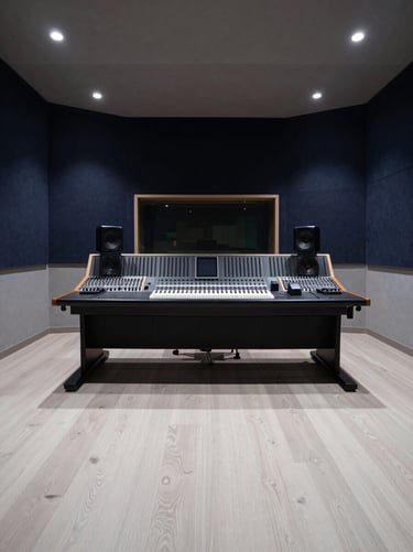 A wide-angle interior photograph of a minimalist, modern recording control room in Spain. Dark navy acoustic treatments on the walls contrast with light grey flooring. The composition is balanced, showcasing a clean and highly polished professional workspace.