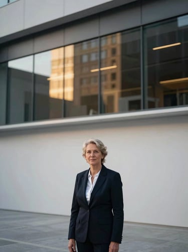 Professional corporate portrait of a senior female structural glazing specialist, clean minimalist background, dramatic architectural lighting.