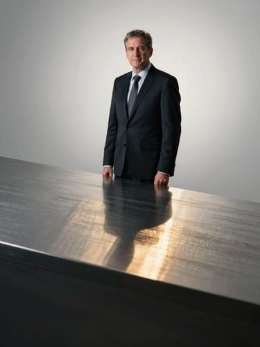 Professional corporate portrait of a senior male architectural engineer in a dark suit, clean minimalist background, dramatic architectural lighting.