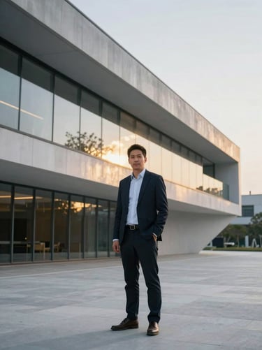 Professional corporate portrait of an executive director of architectural design, clean minimalist background, dramatic architectural lighting.