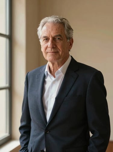 Sober professional portrait of a senior financial partner in a dark navy suit, natural window light, looking slightly off-camera, warm sand background, 35mm