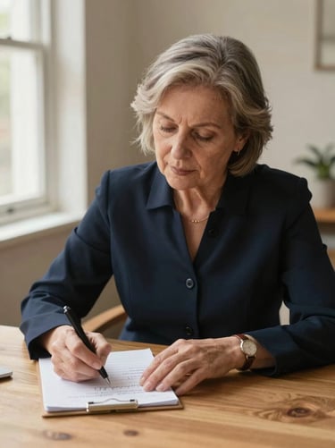 Sober professional portrait of a senior female financial consultant reviewing hand-written notes on a wooden table, soft natural window light, warm sand tones, 35mm