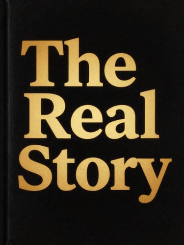 A striking book cover titled 'The Real Story' with bold gold lettering on a textured black background, low-key editorial style, 35mm film grain