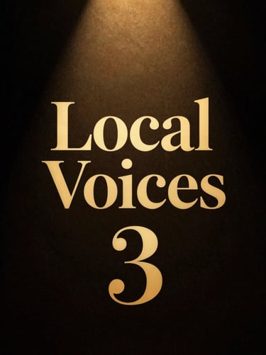 A striking book cover titled 'Local Voices' with elegant gold typography on a dark charcoal background, warm spotlighting, 35mm film grain
