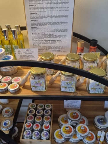 a display case with various types of products