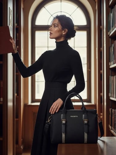 Wanita bergaya dark academia dengan tas tote hitam klasik dari kanvas SIGNIFO di perpustakaan.