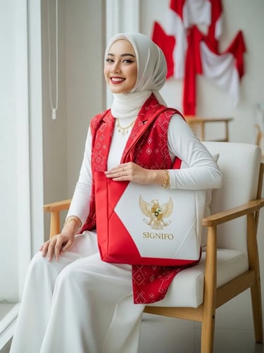 Wanita Indonesia modern berhijab dengan busana merah putih memegang tas SIGNIFO edisi kemerdekaan.