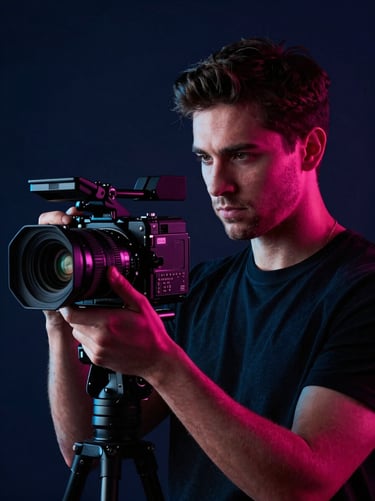 High-contrast portrait of a male cinematographer holding a camera, dramatic low-key lighting, neon fuchsia and cyan accents, 35mm