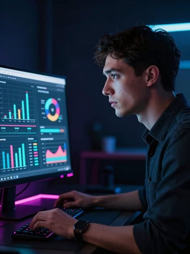 High-contrast portrait of a digital strategist looking at performance metrics on a glowing monitor, neon cyan accents, 35mm