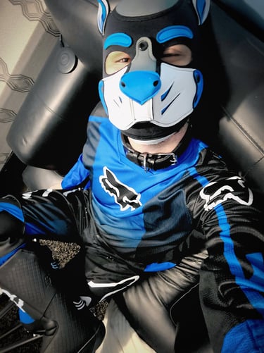 Pup in motorcycle suit and pup mask.