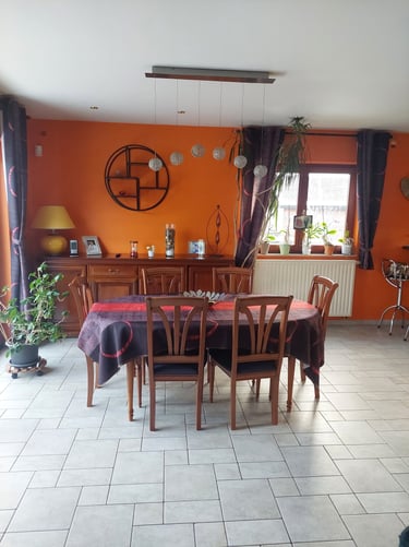 Photo avant conception, d'une salle à manger en bois foncé avec des murs orange