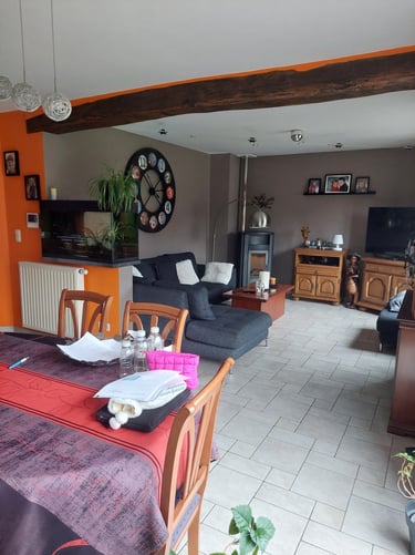 Photo avant conception, d'une salle à manger ainsi qu'un salon dans les tons taupe et orange