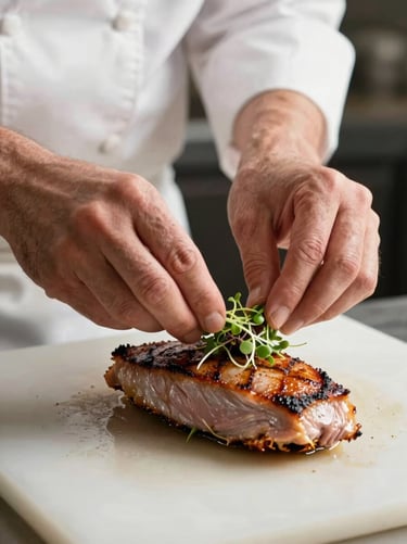 Close-up of a chef's hands carefully placing microgreens on a perfectly seared duck breast at the pass, soft natural side-light.