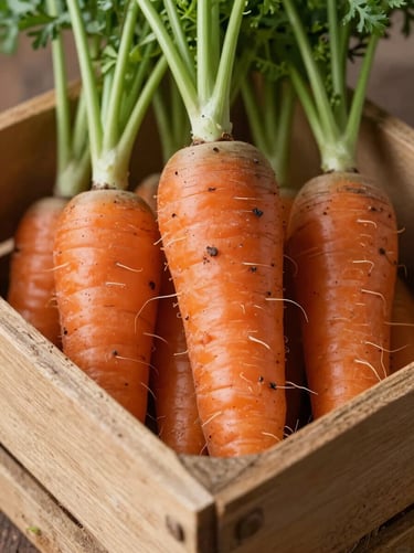 Tactile macro shot of freshly harvested heirloom carrots with dirt still on them, resting on a wooden crate in morning daylight.