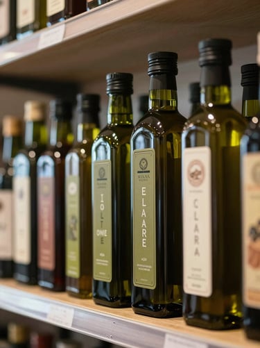A beautifully arranged shelf in a modern boutique grocer, featuring artisanal olive oil bottles reflecting soft window light.