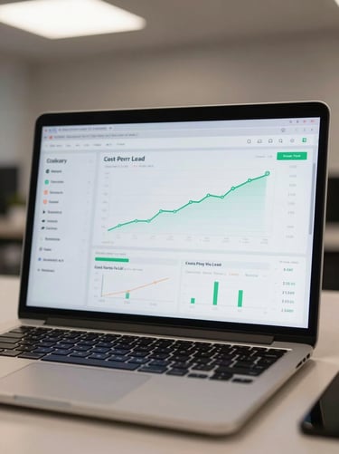 Wide-angle view of a contractor-facing analytics dashboard on a laptop screen, cost-per-lead and call volume metrics clearly visible, placed on a clean work surface under soft overhead light, screen dominating the frame
