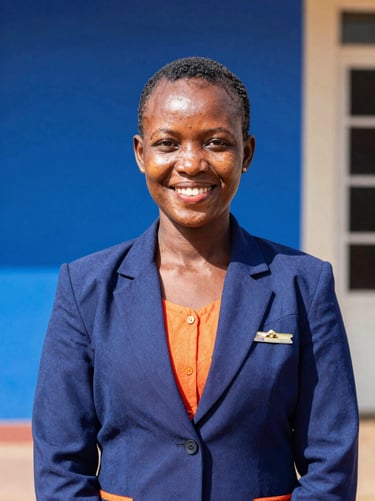 Professional portrait of a Rwandan female hospitality manager, smiling warmly, natural daylight, professional blue background, sharp focus, 35mm