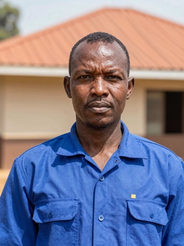 Professional portrait of a Rwandan male technician wearing a clean uniform, bright natural daylight, Kigali background, sharp focus, 35mm