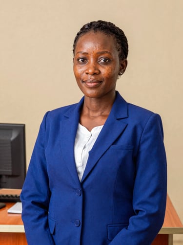 Professional portrait of a Rwandan female administrative assistant in a clean Kigali office, warm natural daylight, corporate blue accents, sharp focus, 35mm