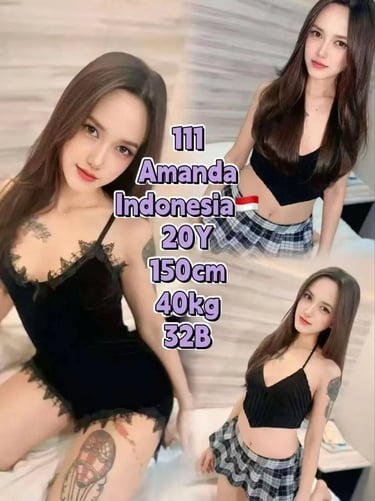A young Indonesian woman named Amanda posing in stylish black lingerie and a plaid skirt.JB Escort