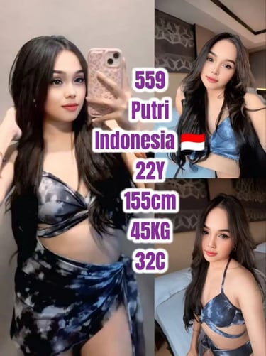 A collage showing a young Indonesian woman with long dark hair posing in a blue tie-dye bikini set.