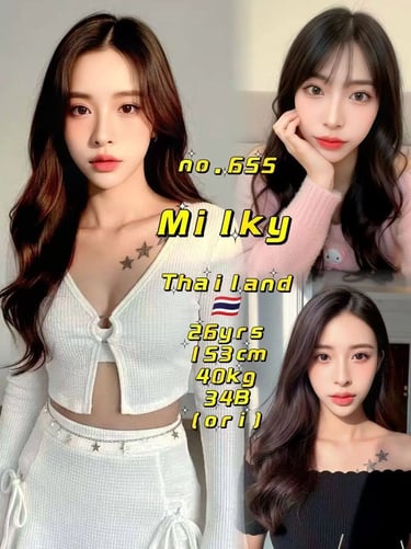 Collage of a Thai model named Milky with long wavy hair, showcasing beauty and fashion style profile details.