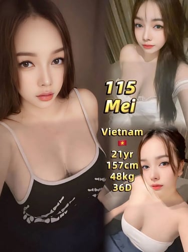A portrait collage of Mei, a young woman from Vietnam with long dark hair and brown eyes.