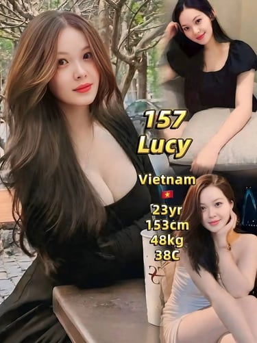 A collage featuring Lucy, a 23-year-old Vietnamese woman with long brown hair posing in stylish outfits.