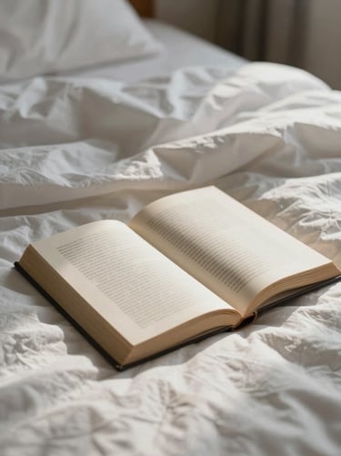 A detail shot of an unmade bed with a book left open. Natural morning light, soft shadows, film aesthetic. Colors: #F8F3EC, #8C735F.